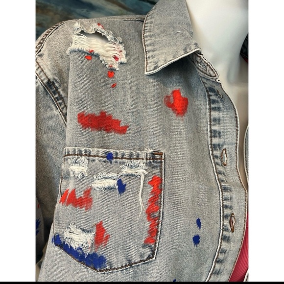 EASEL distressed paint splatter denim top size S, L - Picture 8 of 8
